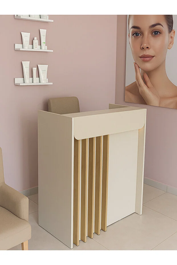 Karibu Ledli Karşılama Bankosu 110 cm Ofis Kasa Resepsiyon Masası Kumtaşı - Sepet